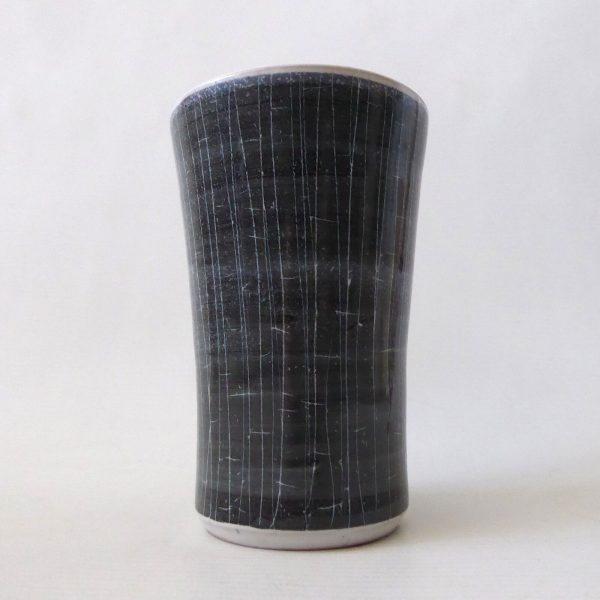 1960s Rye Pottery sgraffito Astrakhan vase, black grey 5" thrown pot art/studio