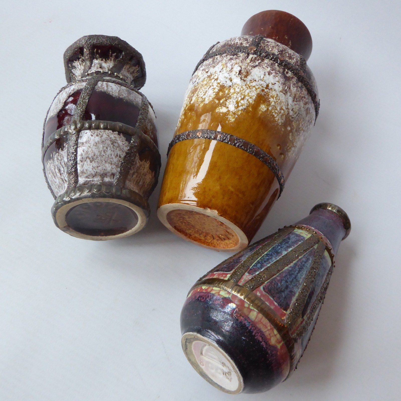 3 decorated West German Pottery vintage ceramic vases pot. Tin/lead solder lines - Image 19