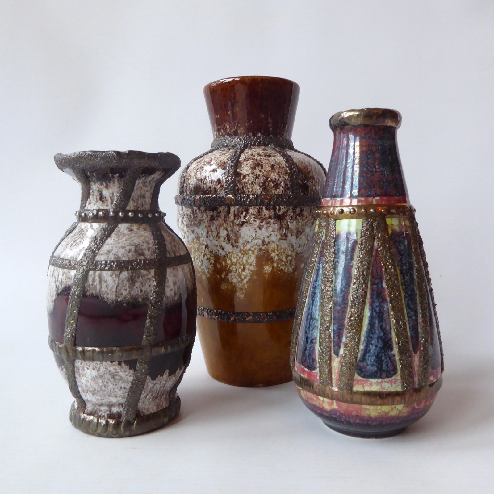 3 decorated West German Pottery vintage ceramic vases pot. Tin/lead solder lines - Image 3