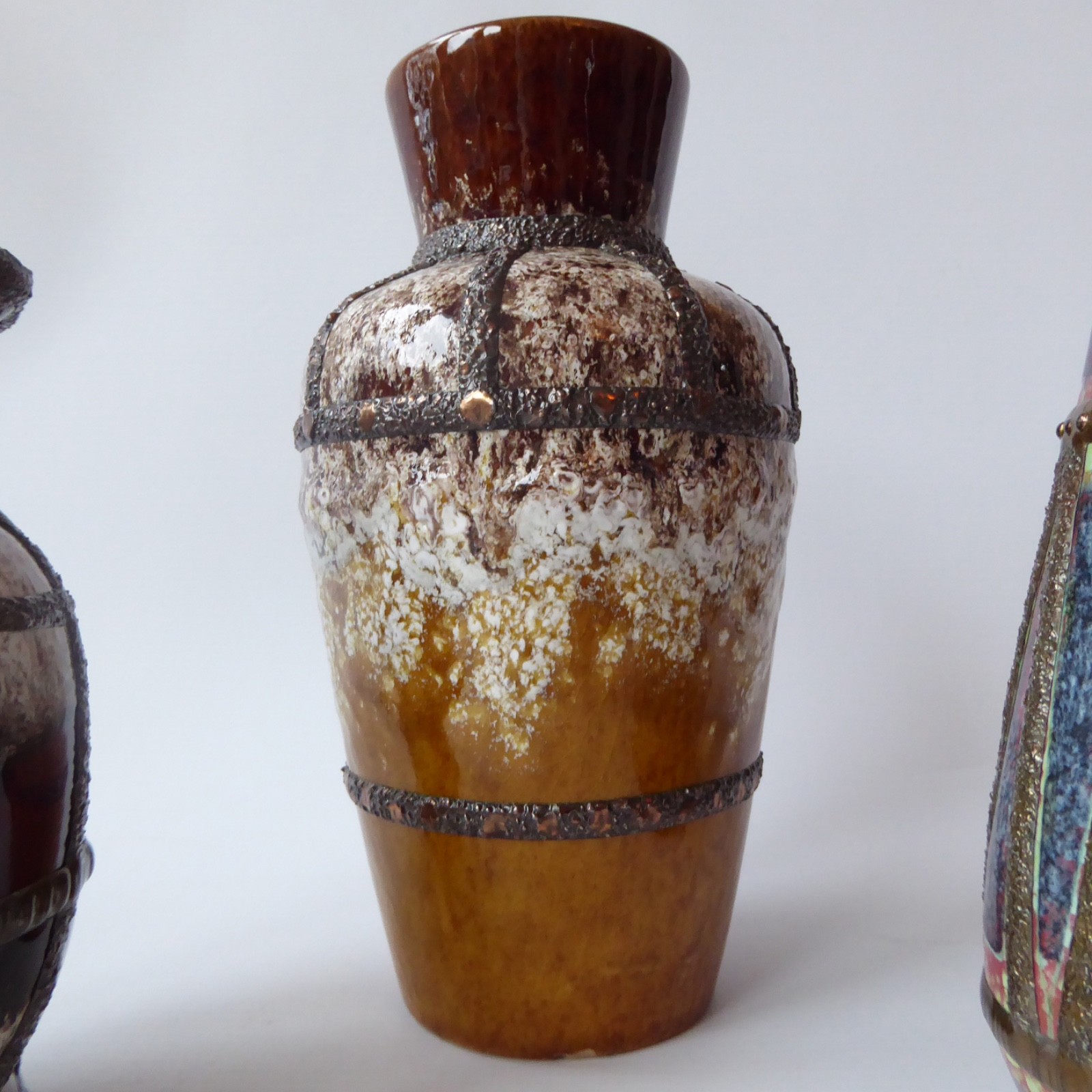 3 decorated West German Pottery vintage ceramic vases pot. Tin/lead solder lines - Image 5