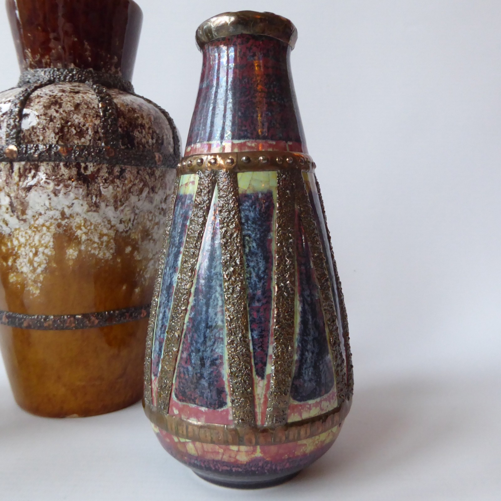 3 decorated West German Pottery vintage ceramic vases pot. Tin/lead solder lines - Image 6
