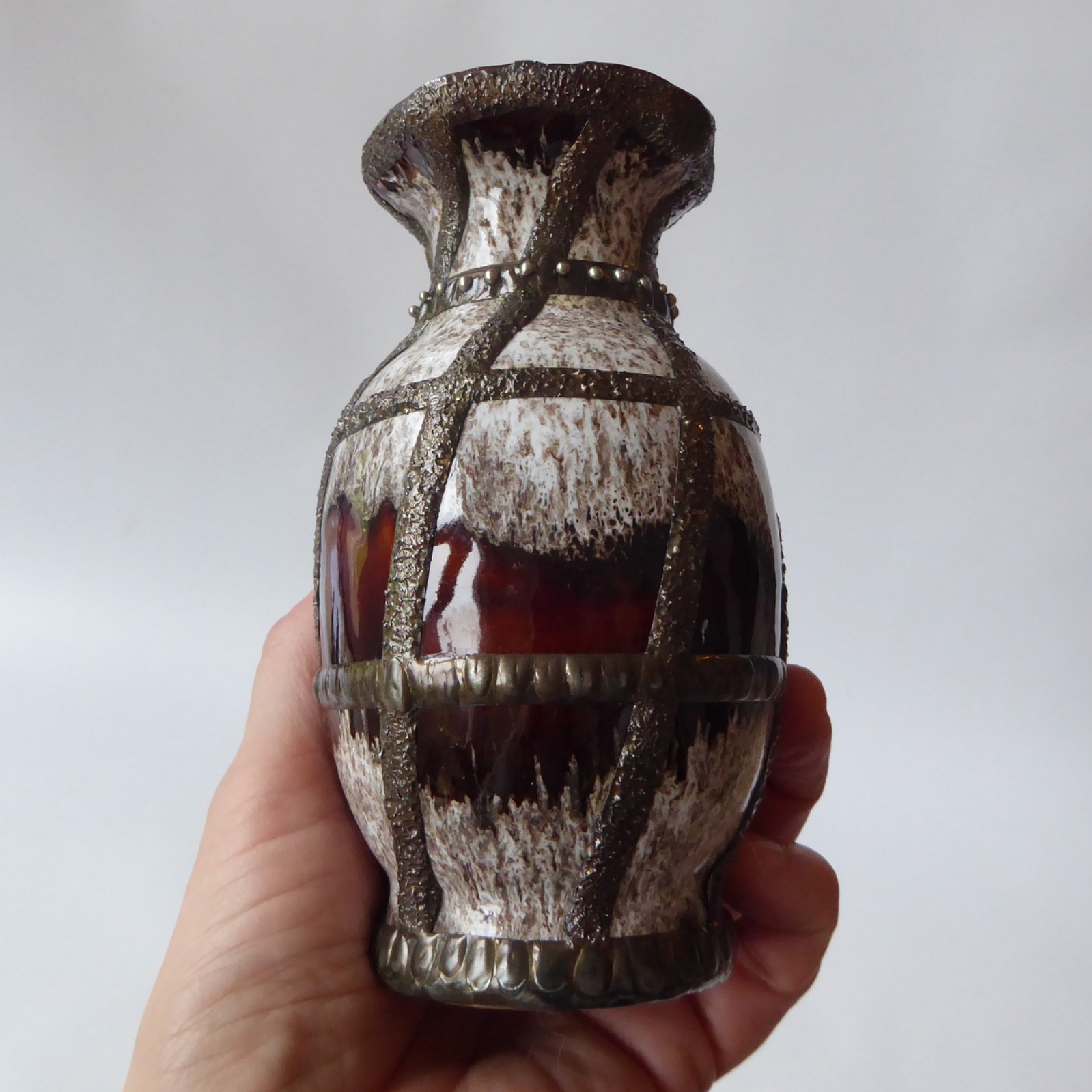 3 decorated West German Pottery vintage ceramic vases pot. Tin/lead solder lines - Image 9