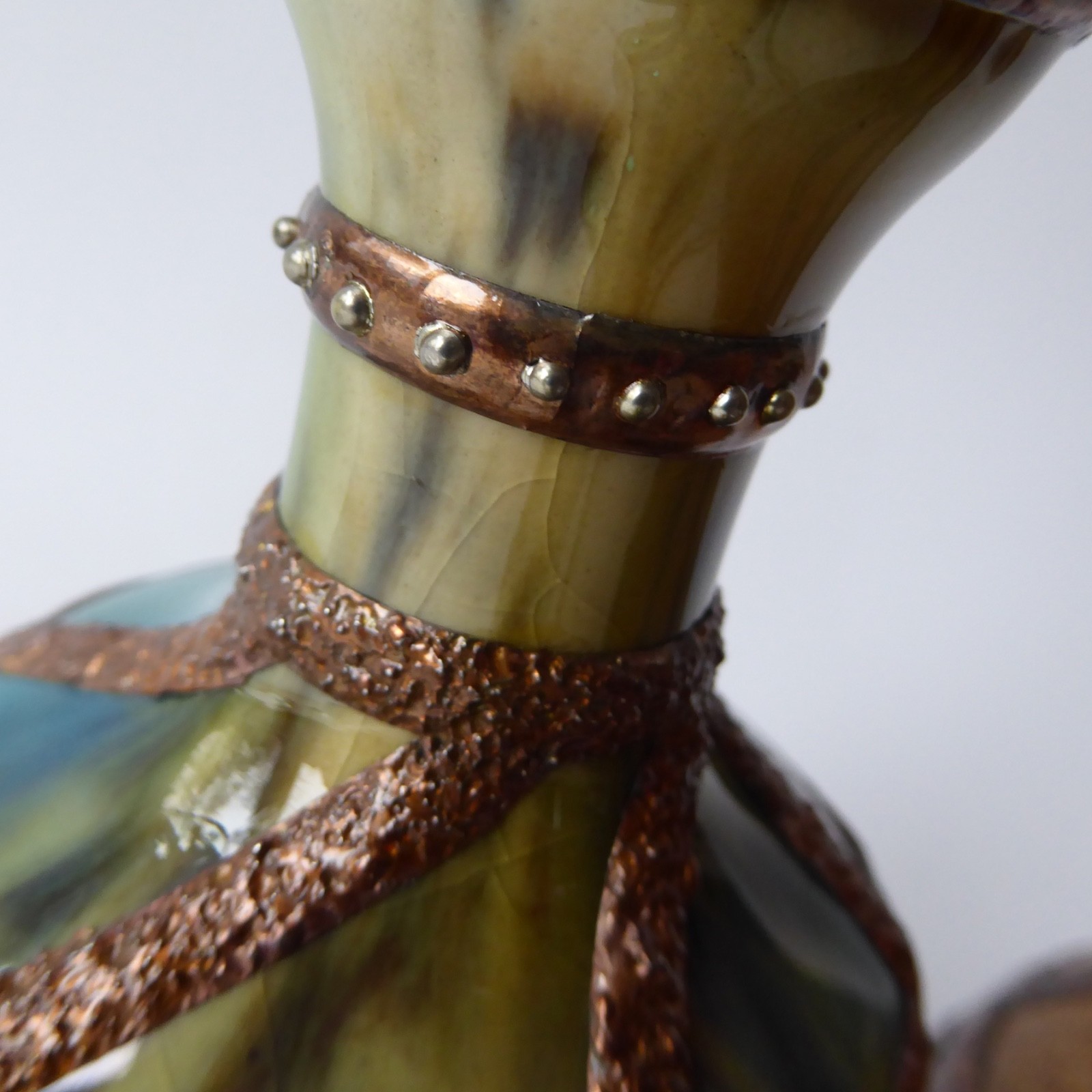 3 hand decorated vintage pottery ceramic vases. Tin/lead solder lines. Small pot - Image 13