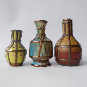 3 hand decorated vintage pottery ceramic vases. Tin/lead solder lines. Small pot