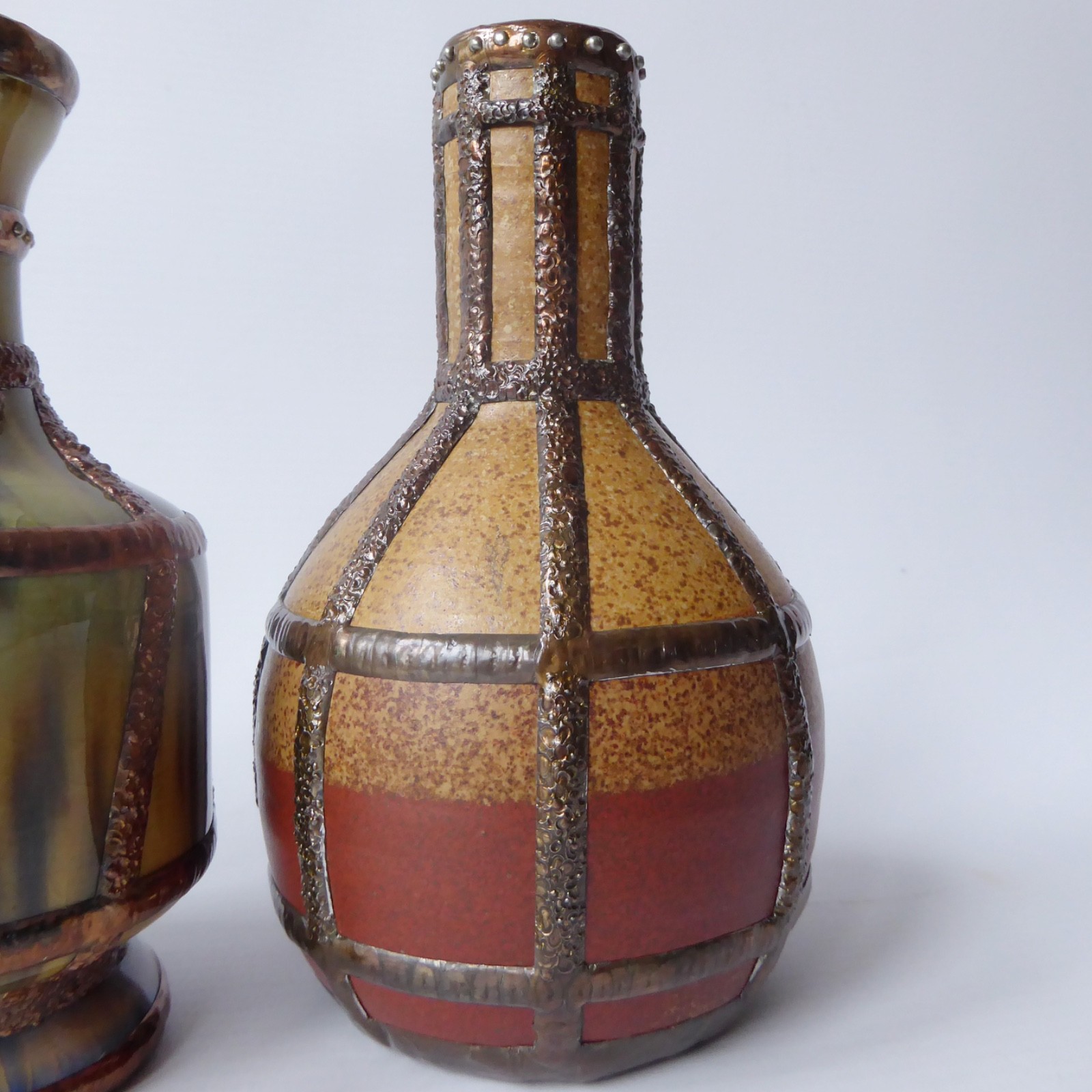 3 hand decorated vintage pottery ceramic vases. Tin/lead solder lines. Small pot - Image 5