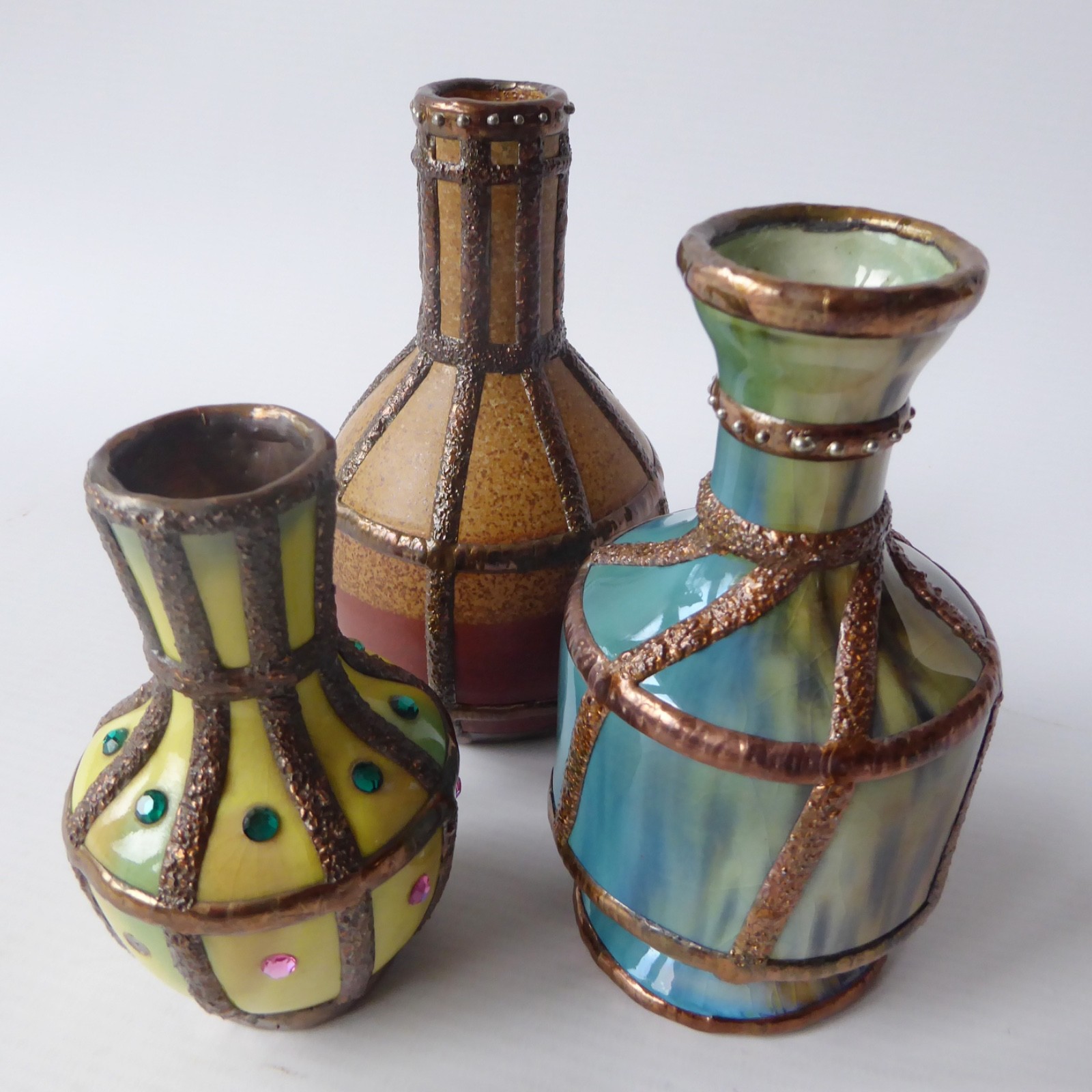 3 hand decorated vintage pottery ceramic vases. Tin/lead solder lines. Small pot - Image 7