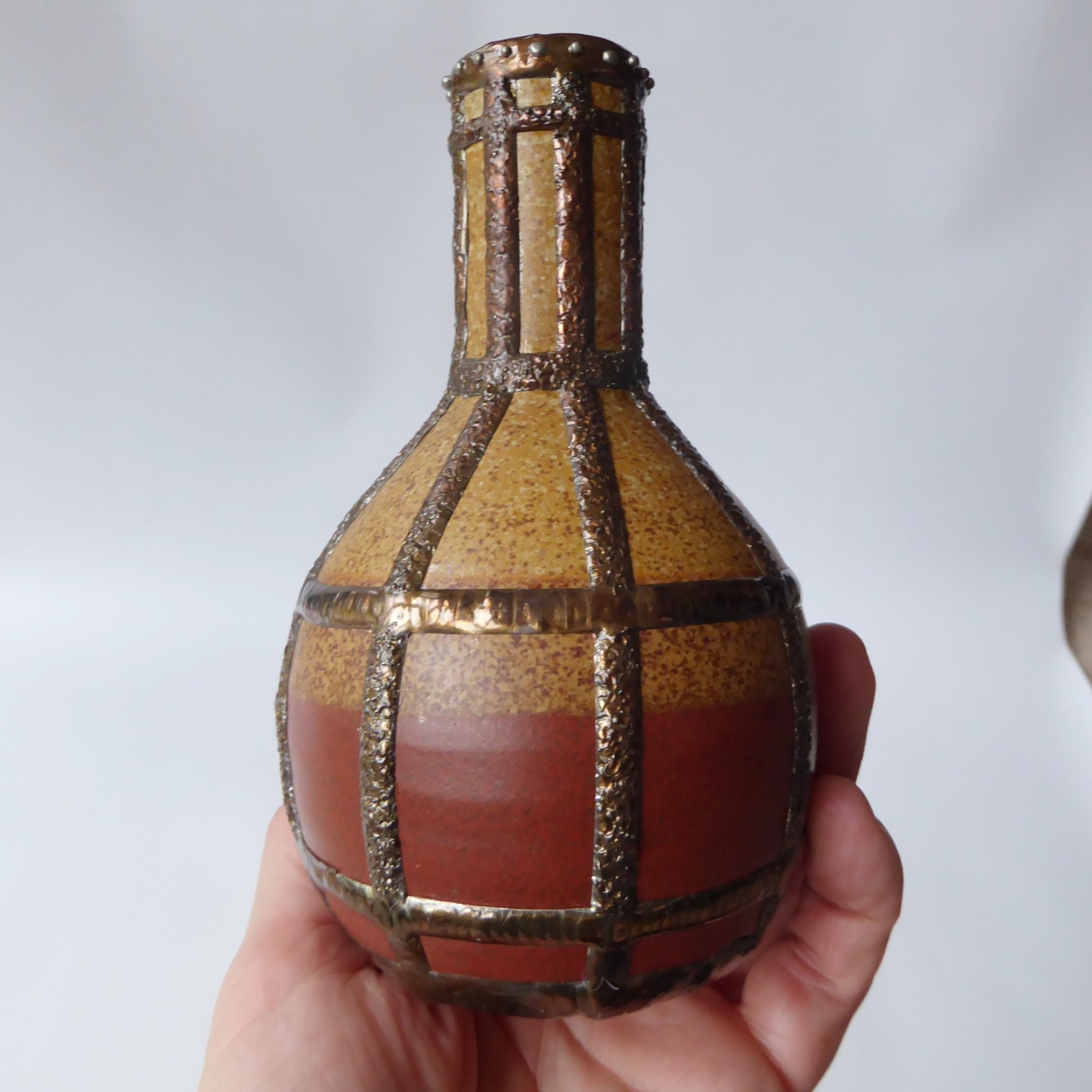 3 hand decorated vintage pottery ceramic vases. Tin/lead solder lines. Small pot - Image 10