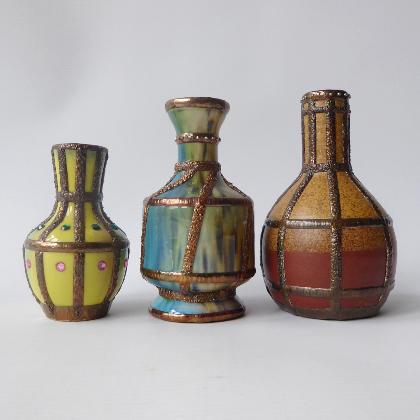 3 hand decorated vintage pottery ceramic vases. Tin/lead solder lines. Small pot