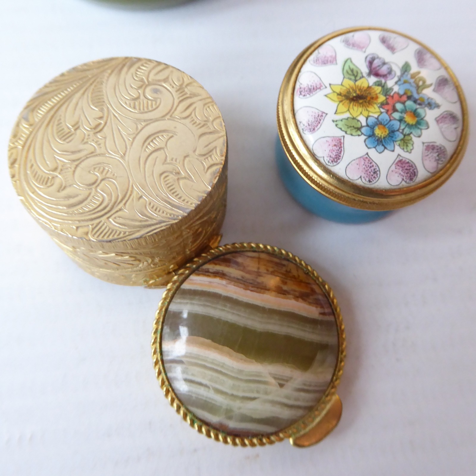 3 small round stone & enamel metal trinket container pill snuff boxes lidded pot - Image 13