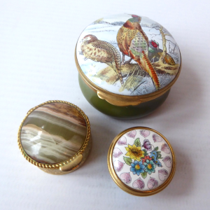3 small round stone & enamel metal trinket container pill snuff boxes lidded pot
