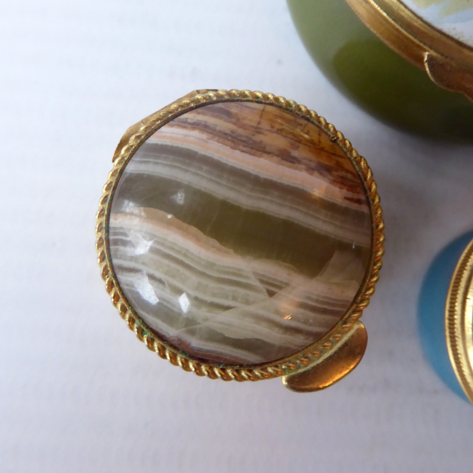 3 small round stone & enamel metal trinket container pill snuff boxes lidded pot - Image 5