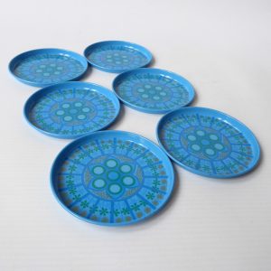 6 vintage Worcester Ware Pat Albeck cocktail mats/coasters. 1960s/1970s blue