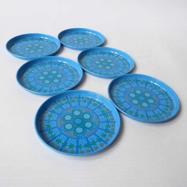 6 vintage Worcester Ware Pat Albeck cocktail mats/coasters. 1960s/1970s blue