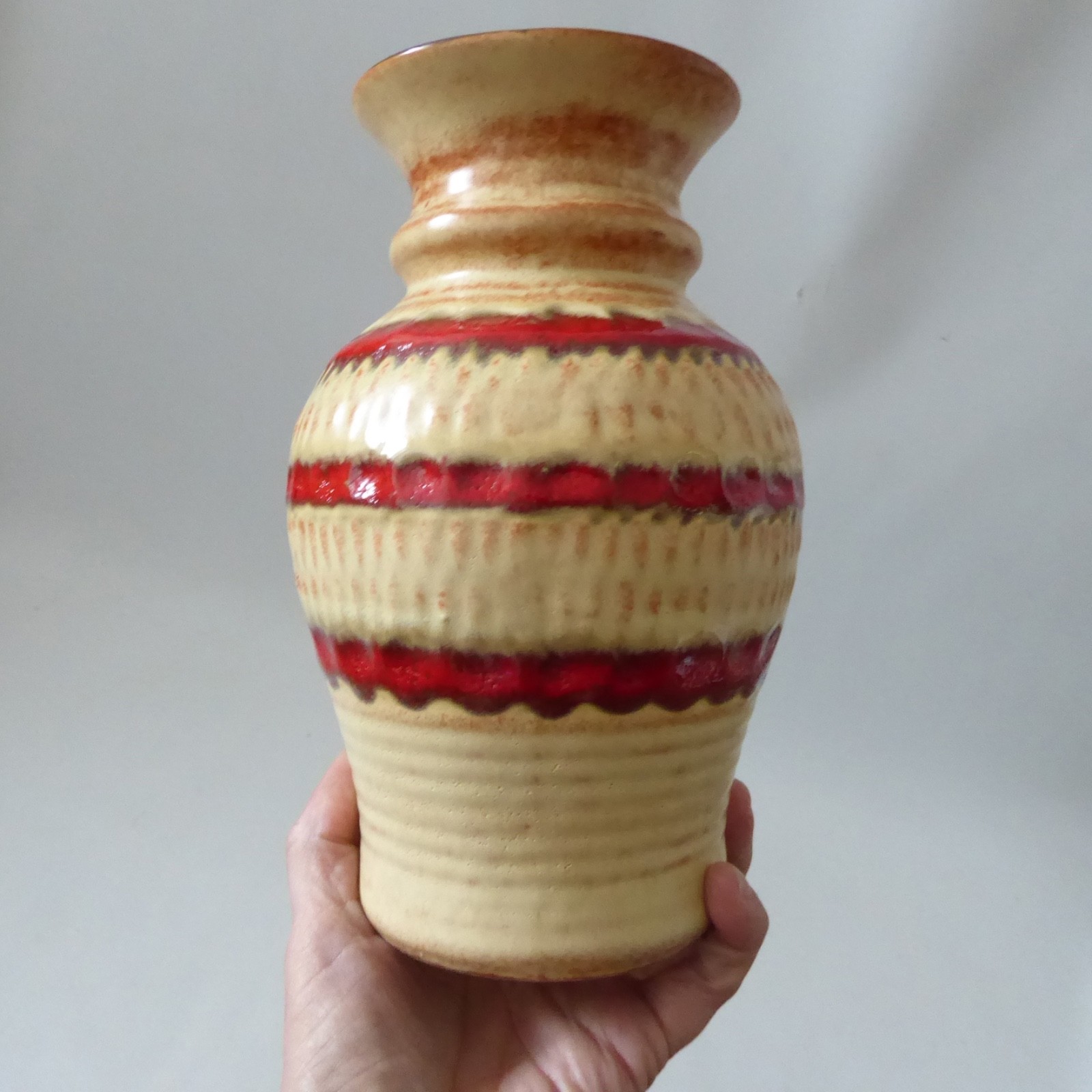 Bay Keramik West German pottery ceramic vase, cream + red stripes. 1970s, 26-20 - Image 3
