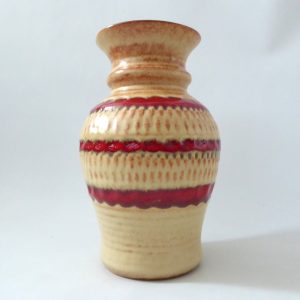 Bay Keramik West German pottery ceramic vase, cream + red stripes. 1970s, 26-20
