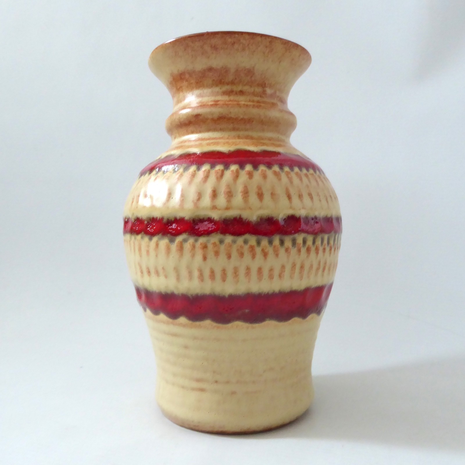 Bay Keramik West German pottery ceramic vase, cream + red stripes. 1970s, 26-20