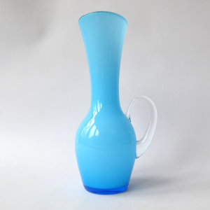 Best Art Glass Japan cyan turquoise blue vase + handle, vintage 1960s 1970s 21cm