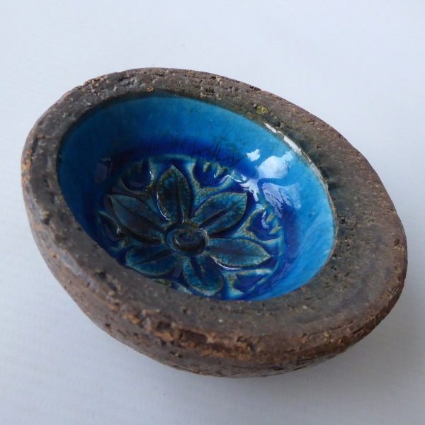 Bitossi H33/10 off-centre bowl ashtray dish Aldo Londi Rimini Blue flower MCM 4" - Image 5