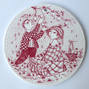 Bjorn Wiinblad Oktober Paradis red wall plaque, vintage Nymolle Denmark. Ceramic