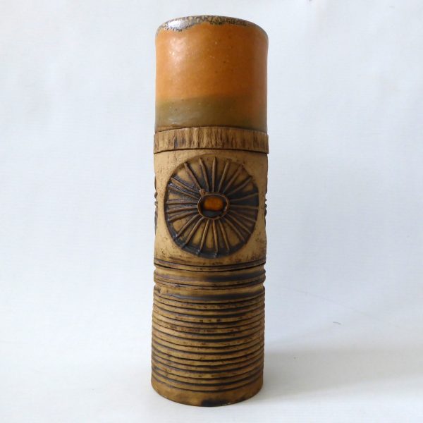 Bob Dawe vintage studio pottery art cylinder vase, large 21cm, orange sunburst - Image 3