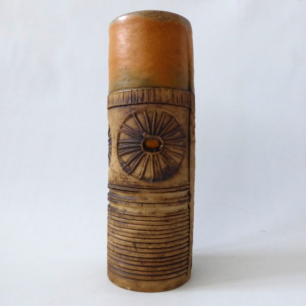 Bob Dawe vintage studio pottery art cylinder vase, large 21cm, orange sunburst - Image 4