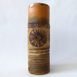 Bob Dawe vintage studio pottery art cylinder vase, large 21cm, orange sunburst