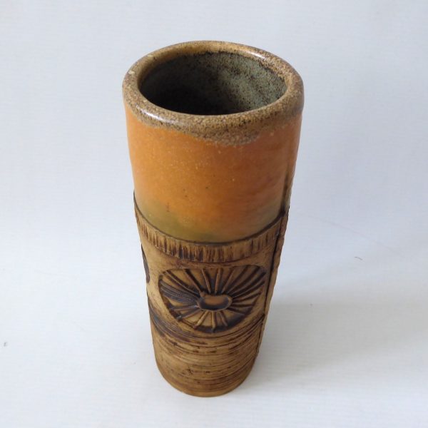 Bob Dawe vintage studio pottery art cylinder vase, large 21cm, orange sunburst - Image 5