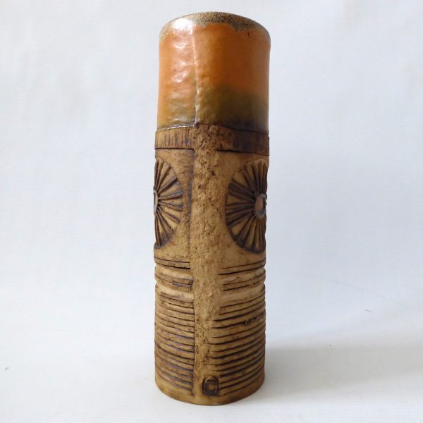 Bob Dawe vintage studio pottery art cylinder vase, large 21cm, orange sunburst - Image 6