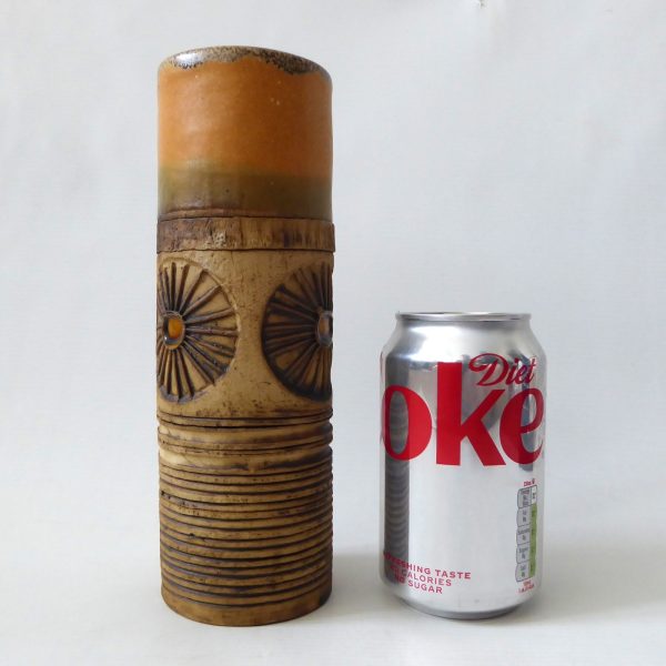 Bob Dawe vintage studio pottery art cylinder vase, large 21cm, orange sunburst - Image 8