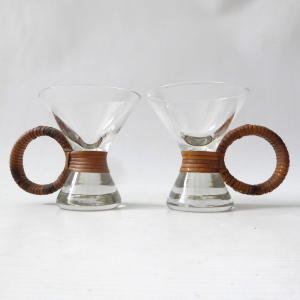 Carl Aubock? MCM raffia/rattan wrapped small bar glasses. Conical shot glass 60s