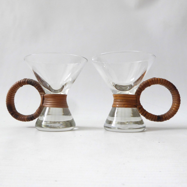 Carl Aubock? MCM raffia/rattan wrapped small bar glasses. Conical shot glass 60s