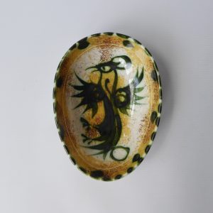 Celtic Pottery Newlyn bowl/dish. Black & yellow Folk bird phoenix griffin. Vintg