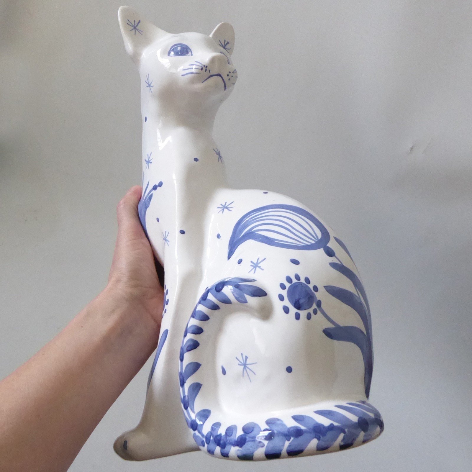 David Sharp Rye pottery big cat 13" siamese figure statue, 1970s retro blue - Image 18