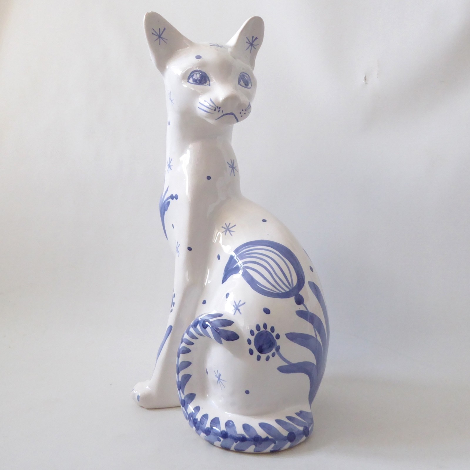 David Sharp Rye pottery big cat 13" siamese figure statue, 1970s retro blue - Image 4