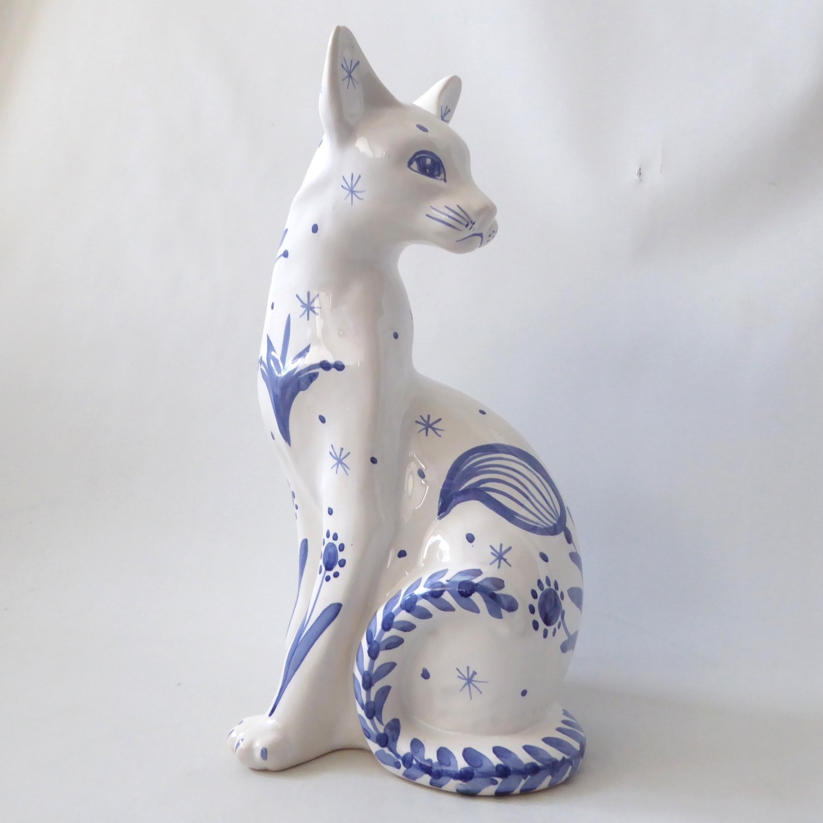 David Sharp Rye pottery big cat 13" siamese figure statue, 1970s retro blue