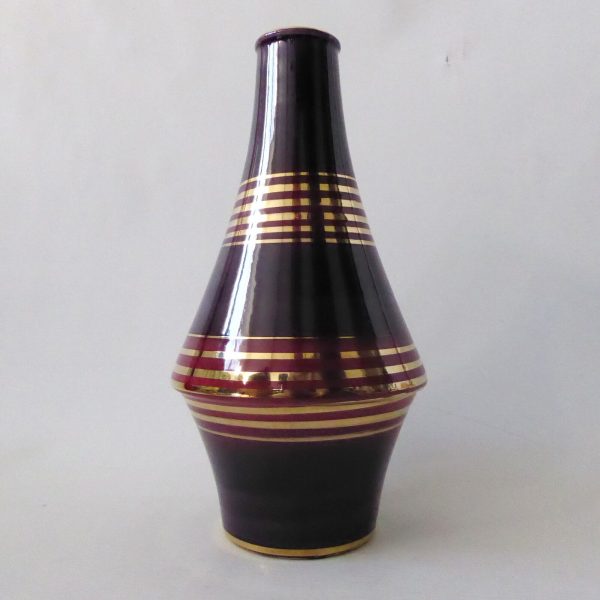 Dumler & Breiden 15/25 West German pottery ceramic vase, purple/plum gold bands - Image 3