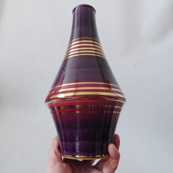 Dumler & Breiden 15/25 West German pottery ceramic vase, purple/plum gold bands - Image 6