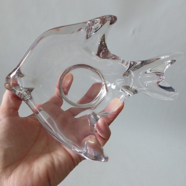 French crystal art glass fish shaped bowl dish, vintage 60s clear candle holder - Image 3