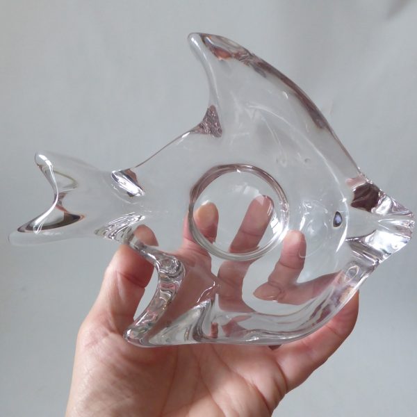 French crystal art glass fish shaped bowl dish, vintage 60s clear candle holder - Image 4