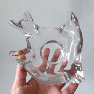 French crystal art glass fish shaped bowl dish, vintage 60s clear candle holder
