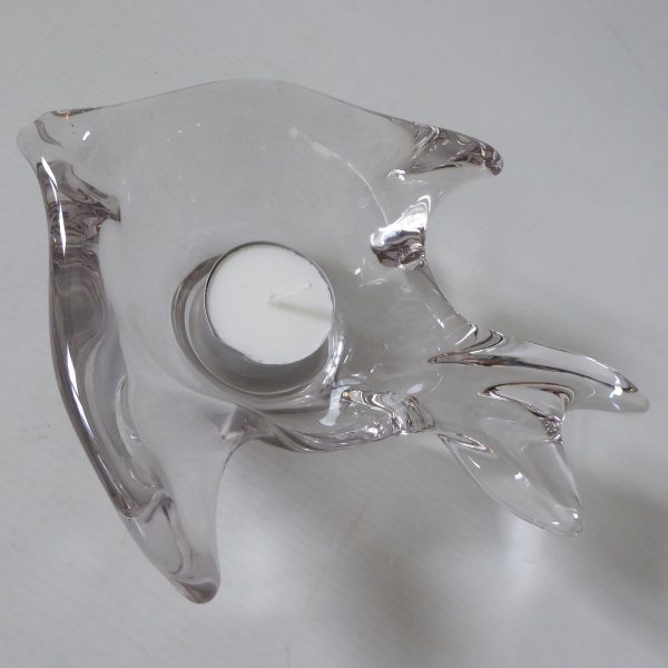 French crystal art glass fish shaped bowl dish, vintage 60s clear candle holder - Image 7