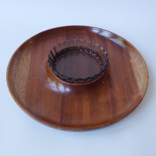 French wood & glass nibbles snacks + dip serving tray platter. Vintage Arcopal - Image 3
