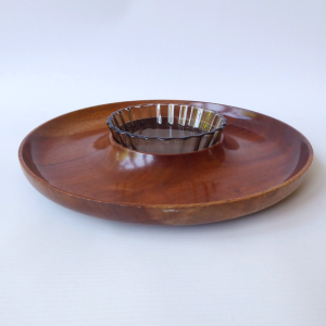 French wood & glass nibbles snacks + dip serving tray platter. Vintage Arcopal