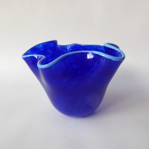 Fully signed vintage art glass handkerchief vase, Scandinavian blue handmade