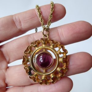 Gold tone & purple glass pendant necklace. Vintage 1960s 1970s brutalist retro