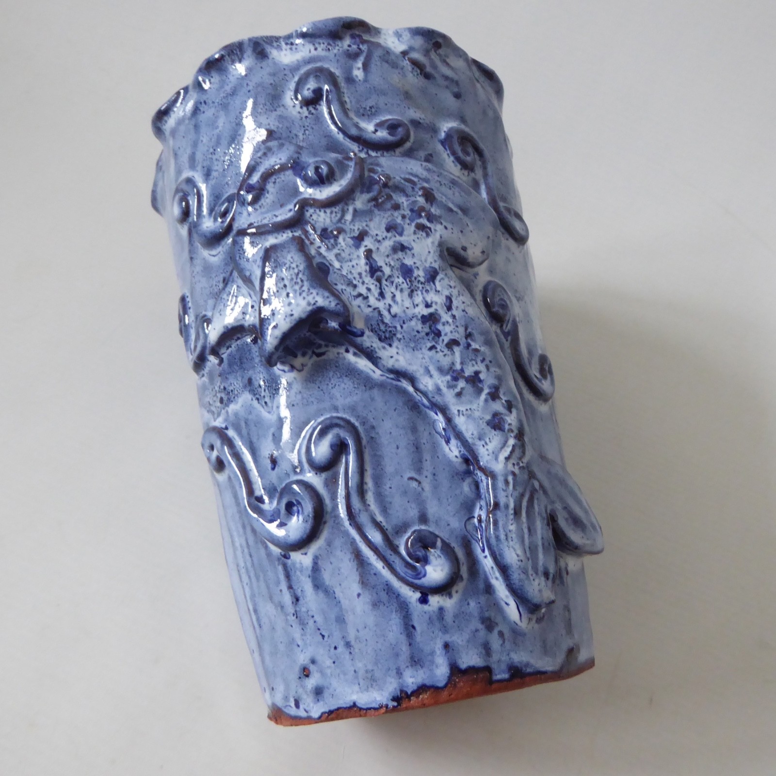 Hand built pottery fish vase, vintage handmade clay stoneware, blue Studio art - Image 11