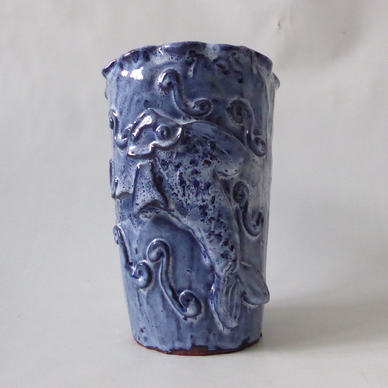 Hand built pottery fish vase, vintage handmade clay stoneware, blue Studio art - Image 3