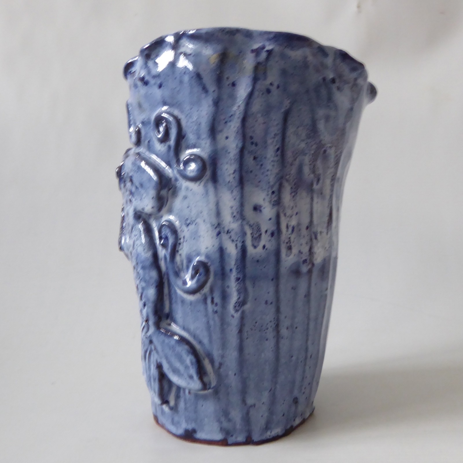 Hand built pottery fish vase, vintage handmade clay stoneware, blue Studio art - Image 4