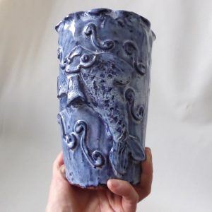 Hand built pottery fish vase, vintage handmade clay stoneware, blue Studio art