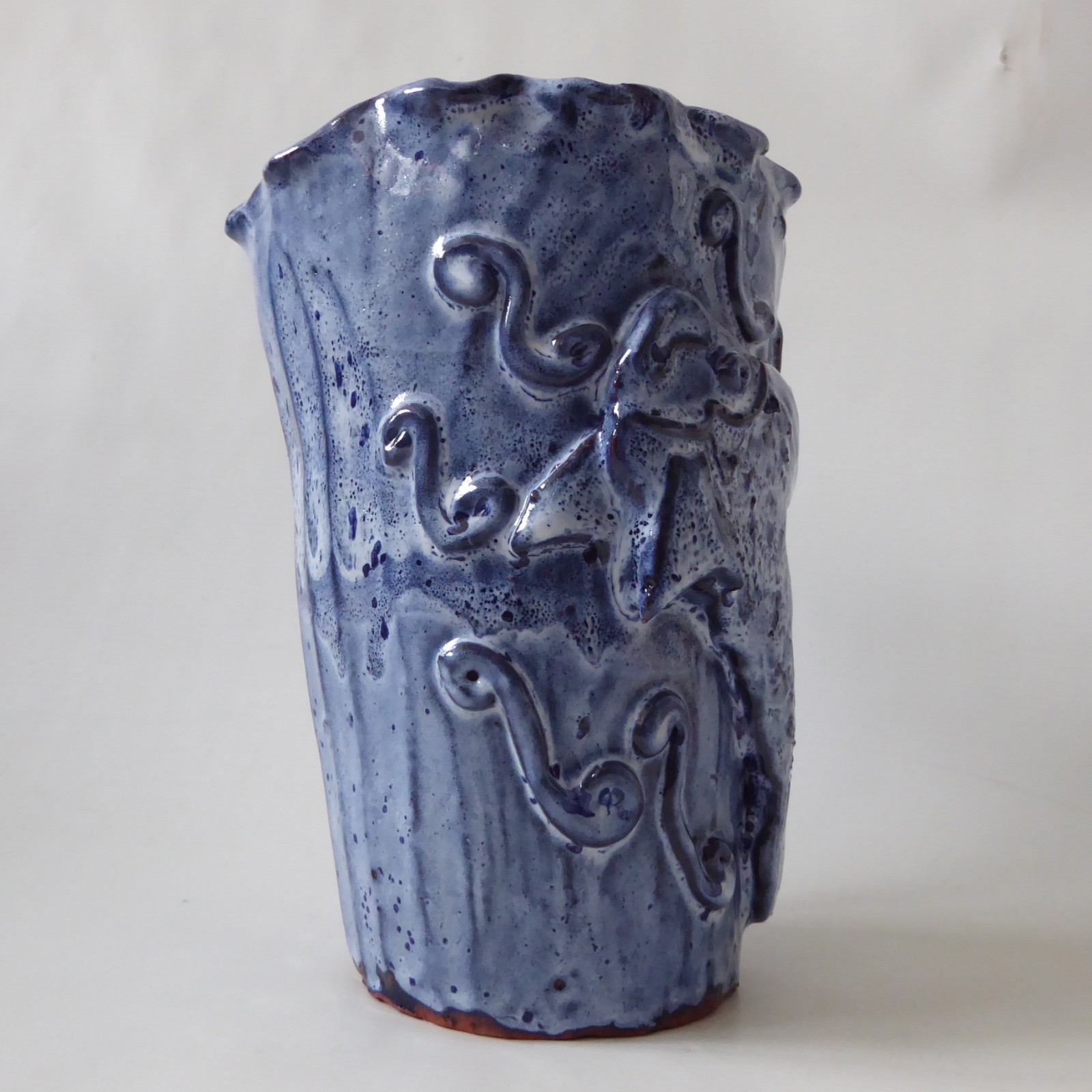 Hand built pottery fish vase, vintage handmade clay stoneware, blue Studio art - Image 7